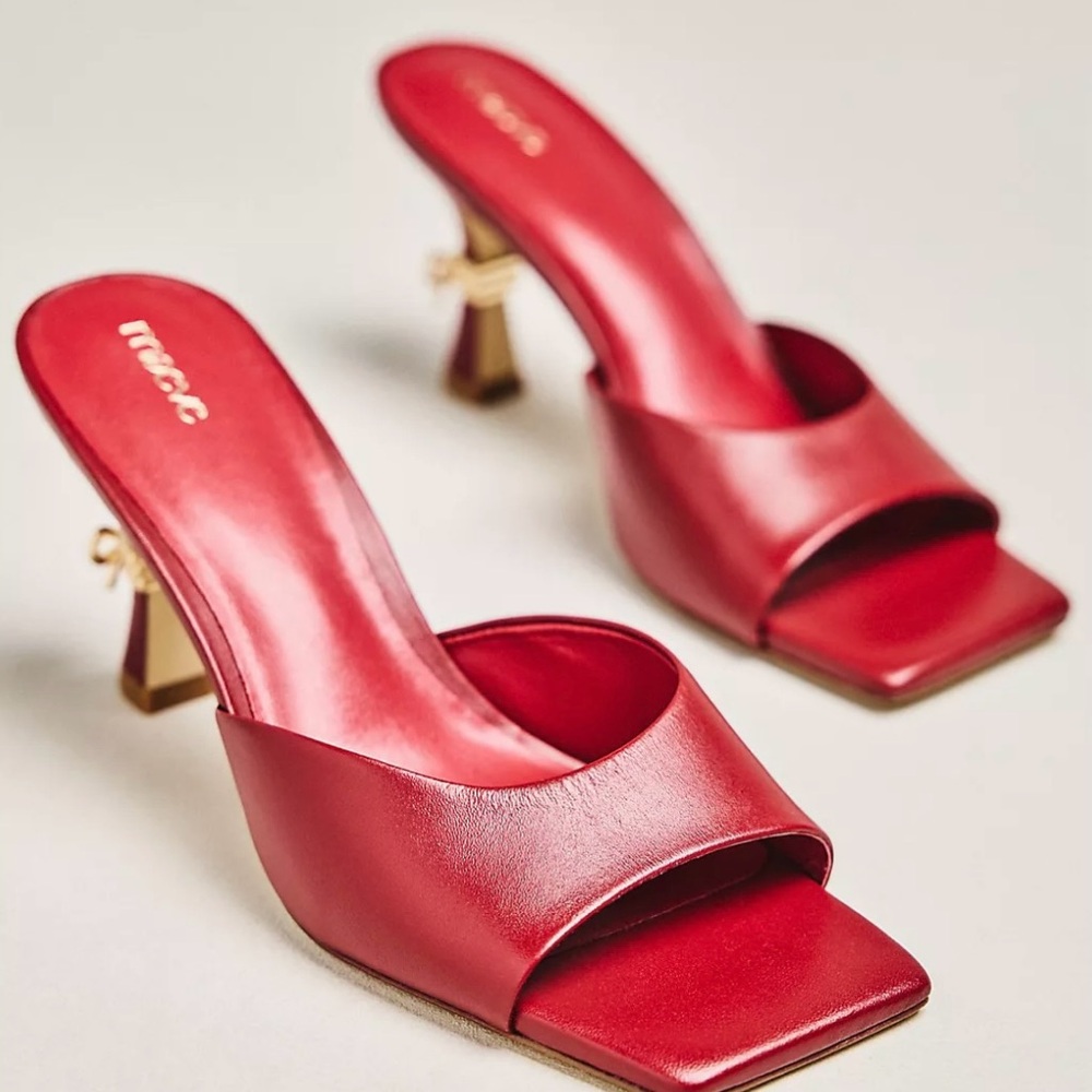 Maeve Metal Bow Open-Toe Mule Heels | Red | Size 7.5